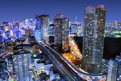 City scene at night.